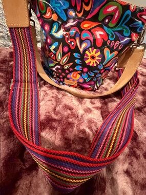 Consuela Black Multicolor Floral Canvas Shoulder Bag with Striped Strap